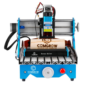 comgrow laser machine is engraving a cylinderical wood with rotary roller